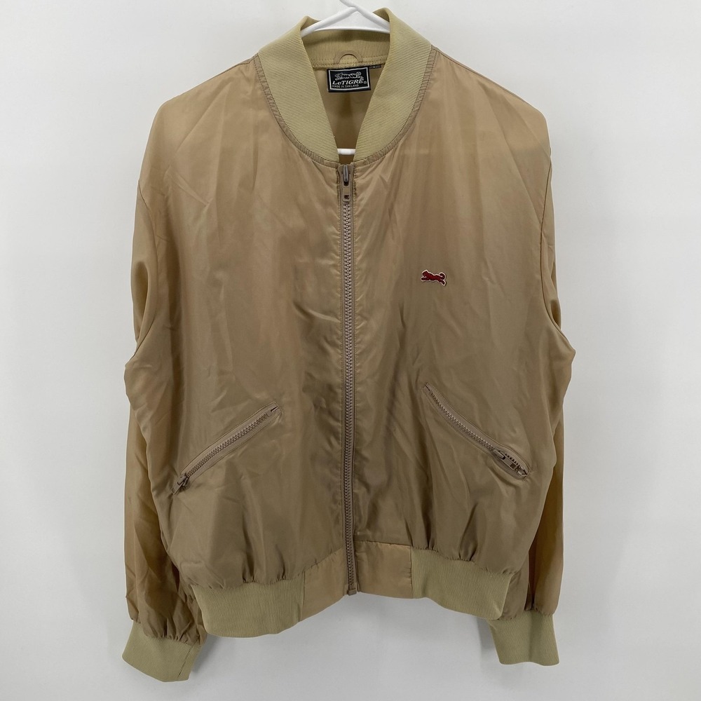 VTG Le Tigre Jacket Mens Large Beige Nylon Bomber Full Zip Tiger Logo 90s y2k
